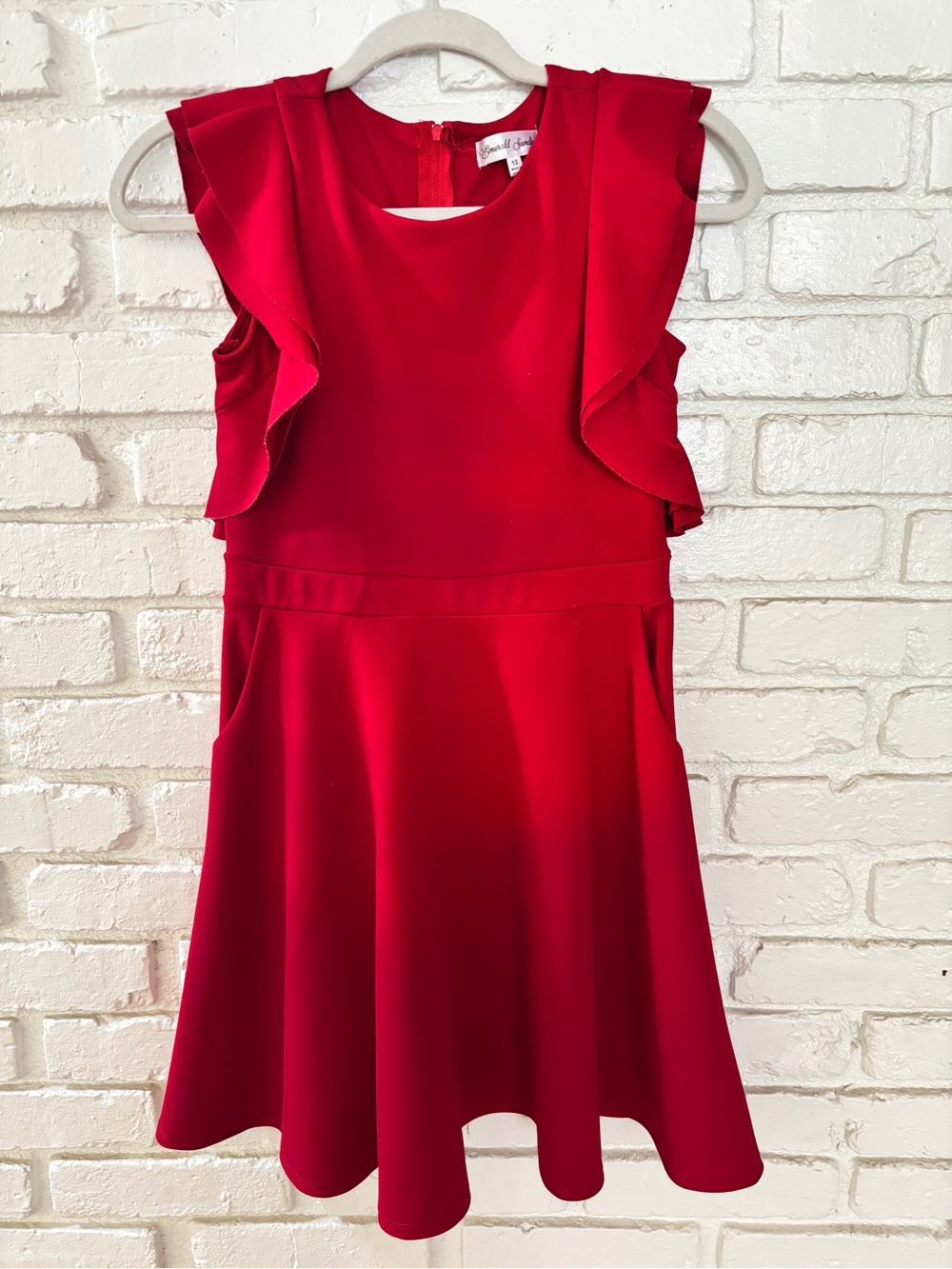 Emerald Sundae Red Ruffle Sleeve Fit-and-Flare Dress, size 12
